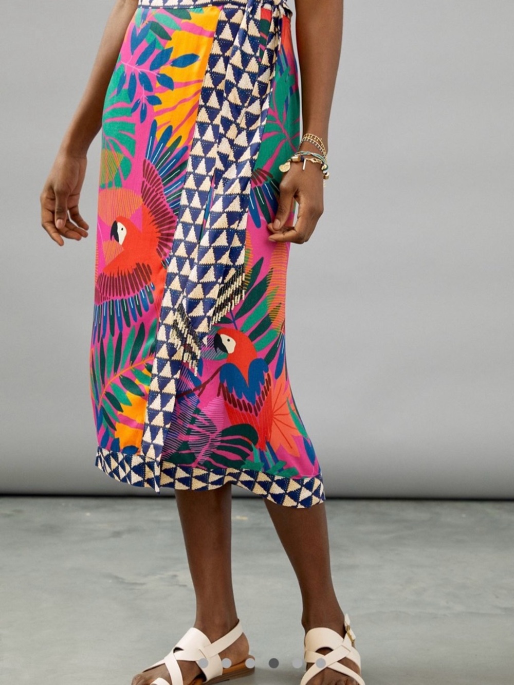 Farm Rio macaw wrap skirt with bead detail
